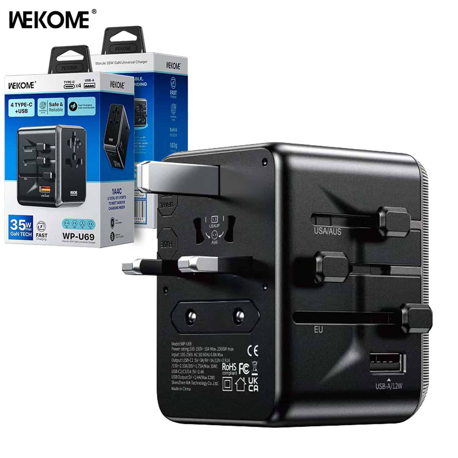 WEKOME WP-U69 35W GaN EU/UK/US/AUS/JP USB A & USB Type C Universal Conversion Fast Charging Charger Power Travel Adapter (Black) WEKOME WP-U69 35W GaN EU/UK/US/AUS/JP USB A & USB Type C Universal Conversion Fast Charging Charger Power Travel Adapter (Black)